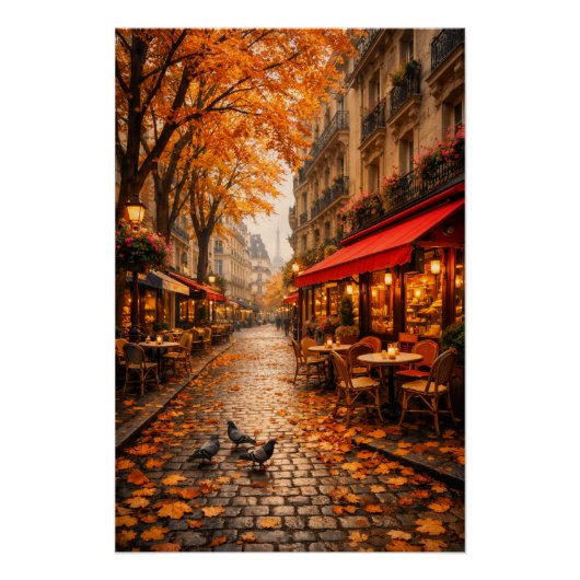 Paris Autumn Café Street – Warm Fall Poster (Devant)
