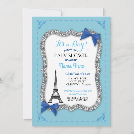 Paris Baby shower Boy Blue Eiffel Tour Invitation (Devant)