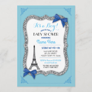 Paris Baby shower Boy Blue Eiffel Tour Invitation