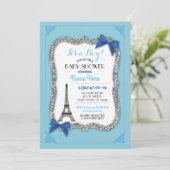 Paris Baby shower Boy Blue Eiffel Tower Invite Kaart (Staand voorkant)