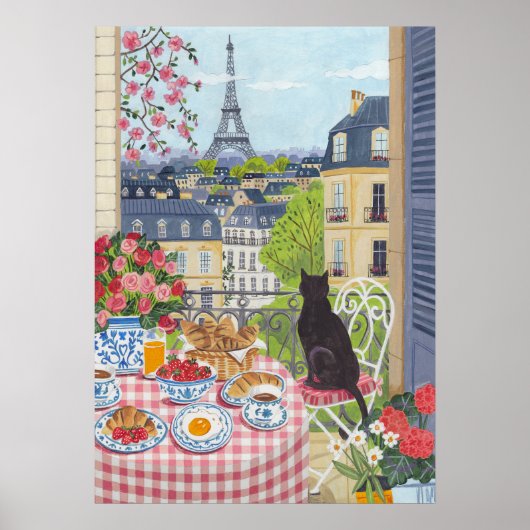 Paris Balcony Breakfast Cat Eiffel Tower View Arts Poster (Voorkant)
