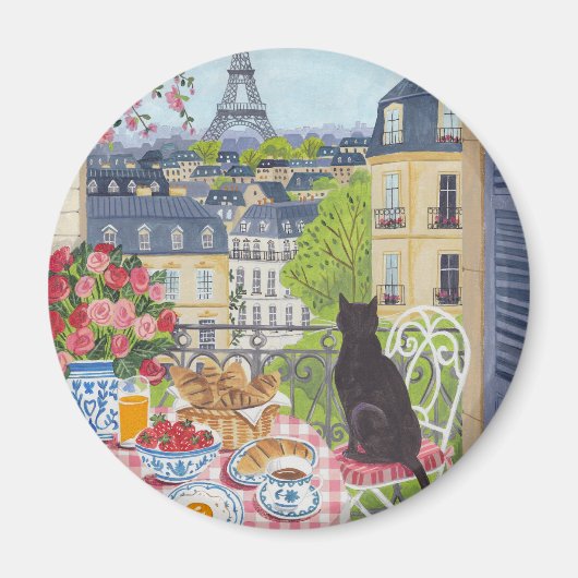 Paris Balcony Cat Breakfast Eiffel Tower Fridge Magneet (Voorkant)