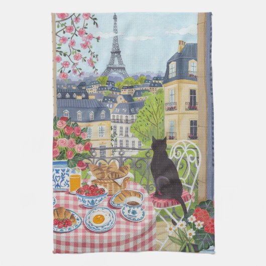 Paris Balcony Cat Breakfast Eiffel Tower Tea Towel Theedoek (Verticaal)