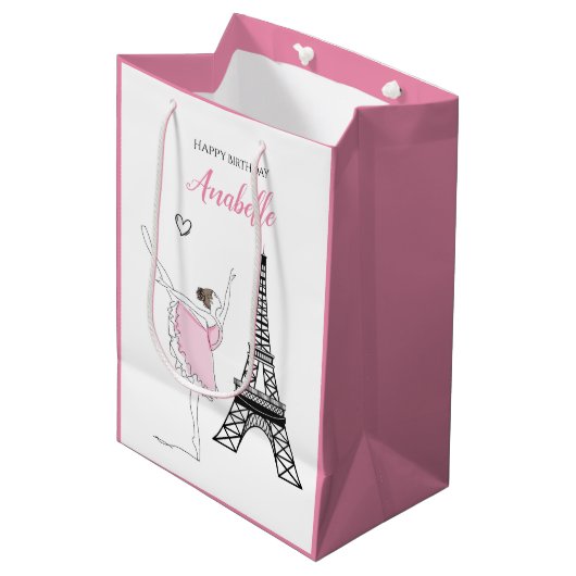 Paris Ballerina, Eiffel Tower Pink Ballet Birthday Medium Cadeauzakje (Voorkant Gekanteld)