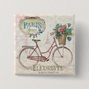 Paris Bike met bloemen vooraan Vierkante Button 5,1 Cm