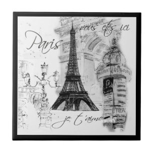 Paris Black & White Eiffel Tower Street Scene Tegeltje