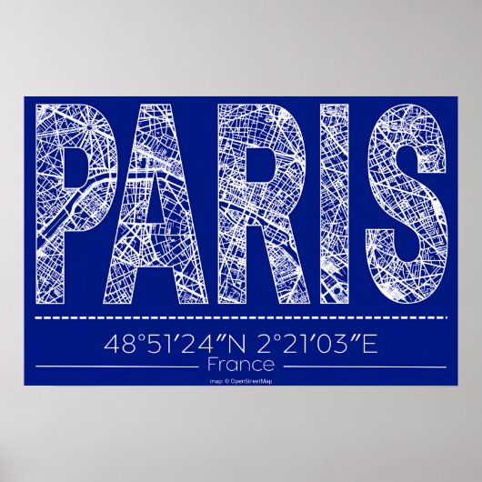 Paris Blauwdruk Typografie Kaart Poster – Horizont (Voorkant)