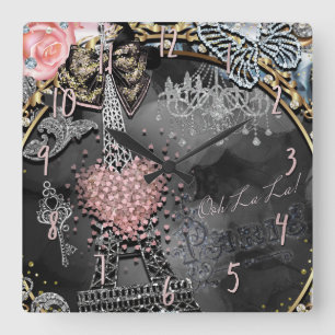 Paris Bling Glamor Sparkle France Girly Trendy Vierkante Klok