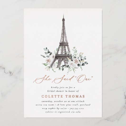 Paris Bloom | Floral Eiffeltoren Vrijgezellenfeest Folie Uitnodiging (Voorkant)