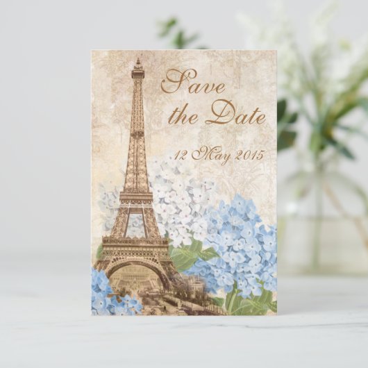 Paris  Blue Hydrangea Save the Date (Staand voorkant)