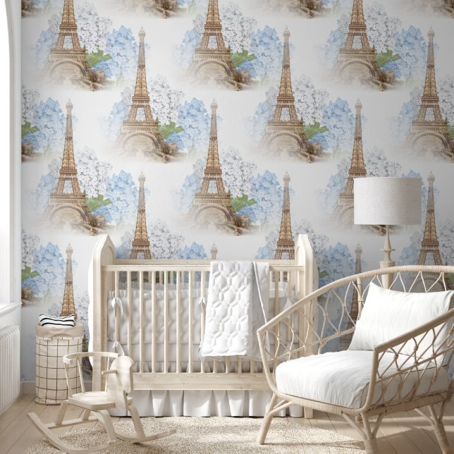 Paris Blue Hydrangea White Wallpaper Behang (Kinderen)