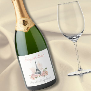 Paris Bonjour Bebe Parijse Bloemen Baby shower Sparkling Wijnetiket