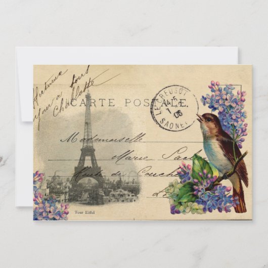 Paris Briefkaart Bird on Lilacs Invitation (Voorkant)