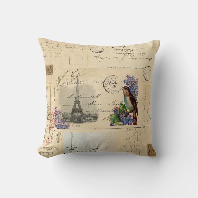 Paris Briefkaart Bird op Lilacs Pillow Kussen (Voorkant)