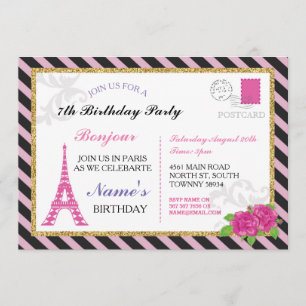 Paris Briefkaart Stripe Gold Glitter Pink Invite
