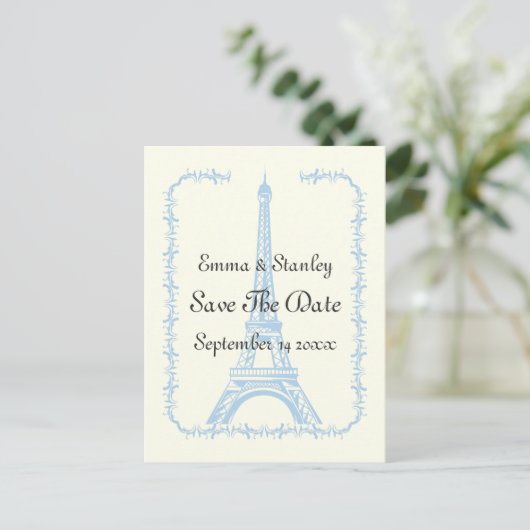 Paris bruiloft blauwe Eiffel Tower Save the Date Aankondigingskaart (Staand voorkant)