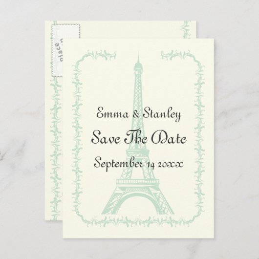 Paris bruiloft munt Eiffeltoren Save the Date Aankondigingskaart (Voorkant / Achterkant)