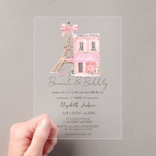 Paris Café Roze Gestreepte Brunch en Mousserende Acryl Uitnodigingen