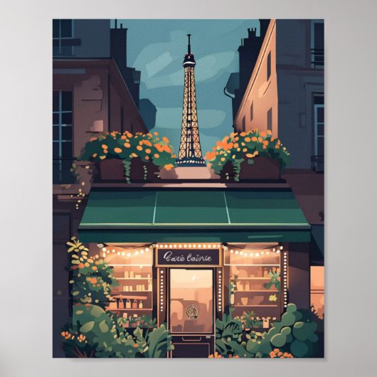 Paris Café Scene Poster – Charmante Platte Vector (Voorkant)