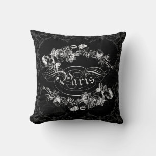 Paris Calligraphy  Flowers Black and White Kussen