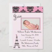 Paris Chic Faire-part de naissance noir et rose (Devant)