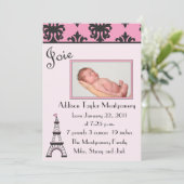 Paris Chic Faire-part de naissance noir et rose (Debout devant)