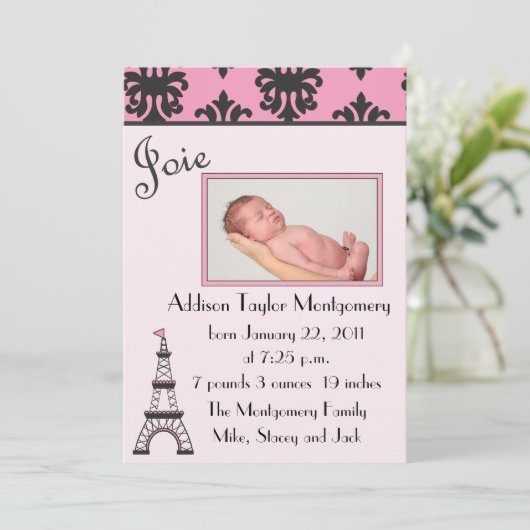 Paris Chic Faire-part de naissance noir et rose (Debout devant)