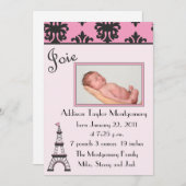 Paris Chic Faire-part de naissance noir et rose (Devant / Derrière)
