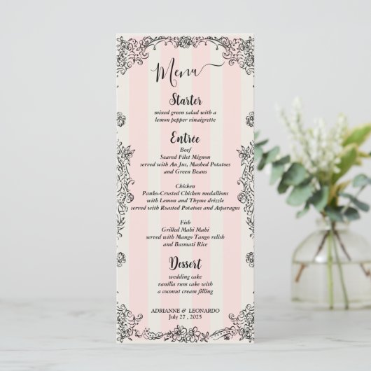 Paris Chic Pink Stripes Script Mariage Menu (Debout devant)