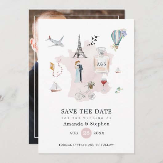 Paris Destination Wedding Monogrammed Foto Save The Date (Voorkant / Achterkant)