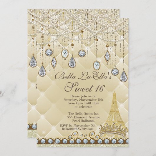 Paris Diamond et Perles Invitations de fête d'anni (Devant / Derrière)
