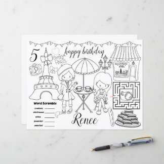Paris Eiffel activity color sheet placemats
