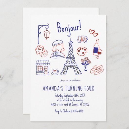 Paris Eiffel Anniversaire Main Drag Invitation (Devant / Derrière)