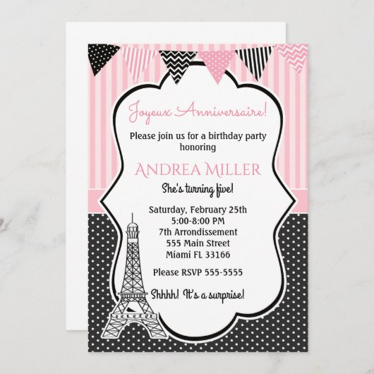 Paris Eiffel Surprise Birthday Party Invitation Kaart (Voorkant / Achterkant)