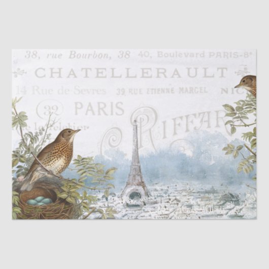 Paris Eiffel Tower Bird Nest French Text Decoupage Tissuepapier (Voorkant)