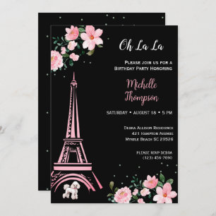 Paris Eiffel Tower Black and Pink Floral Birthday Kaart