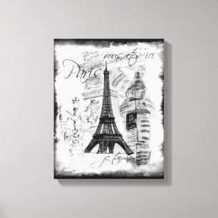 Paris Eiffel Tower Black & White Collage Scene Canvas Afdruk