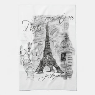 Paris Eiffel Tower Black & White Collage Scene Theedoek