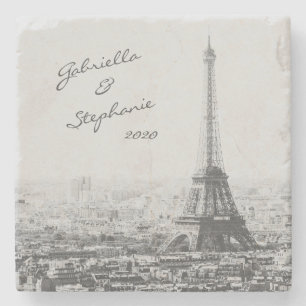  Paris Eiffel Tower Black White Foto naam Stenen Onderzetter