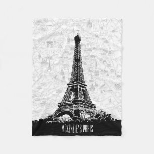 Paris Eiffel Tower Black White Map Name Fleece Deken