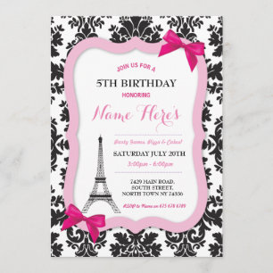 Paris Eiffel Tower Bow Damask Birthday Invite Kaart