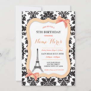 Paris Eiffel Tower Bow Peach Birthday Invite Kaart
