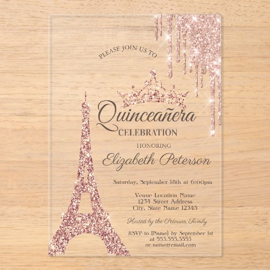 Paris Eiffel Tower, Drip Roos Gold Quinceañera Acryl Uitnodigingen (Voorkant)