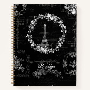 Paris Eiffel Tower  Flowers Ephemera Black Notitieboek