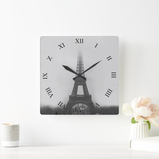 Paris Eiffel Tower Fog B&W Square Wall klok (Huis)