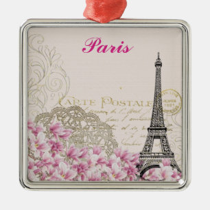 Paris Eiffel Tower France  roze bloemen Metalen Ornament