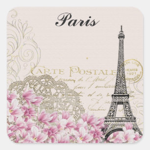 Paris Eiffel Tower France  roze bloemen Vierkante Sticker