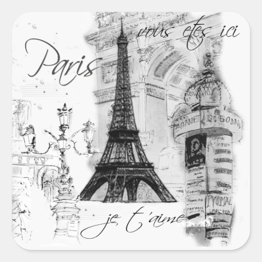 Paris Eiffel Tower French Scene Collage Vierkante Sticker (Voorkant)