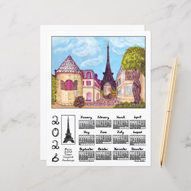 Paris Eiffel Tower Landscape 2026 Calendar Paper (Voorkant / Achterkant in situ)
