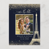Paris Eiffel Tower Navy Gold Photo Save the Date Aankondigingskaart (Voorkant)